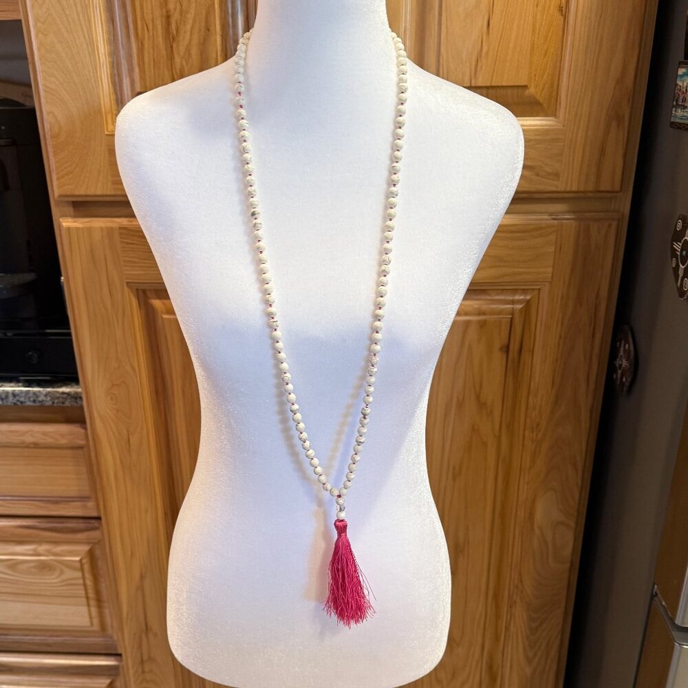 White bead with Hot Pink Tassel Necklace